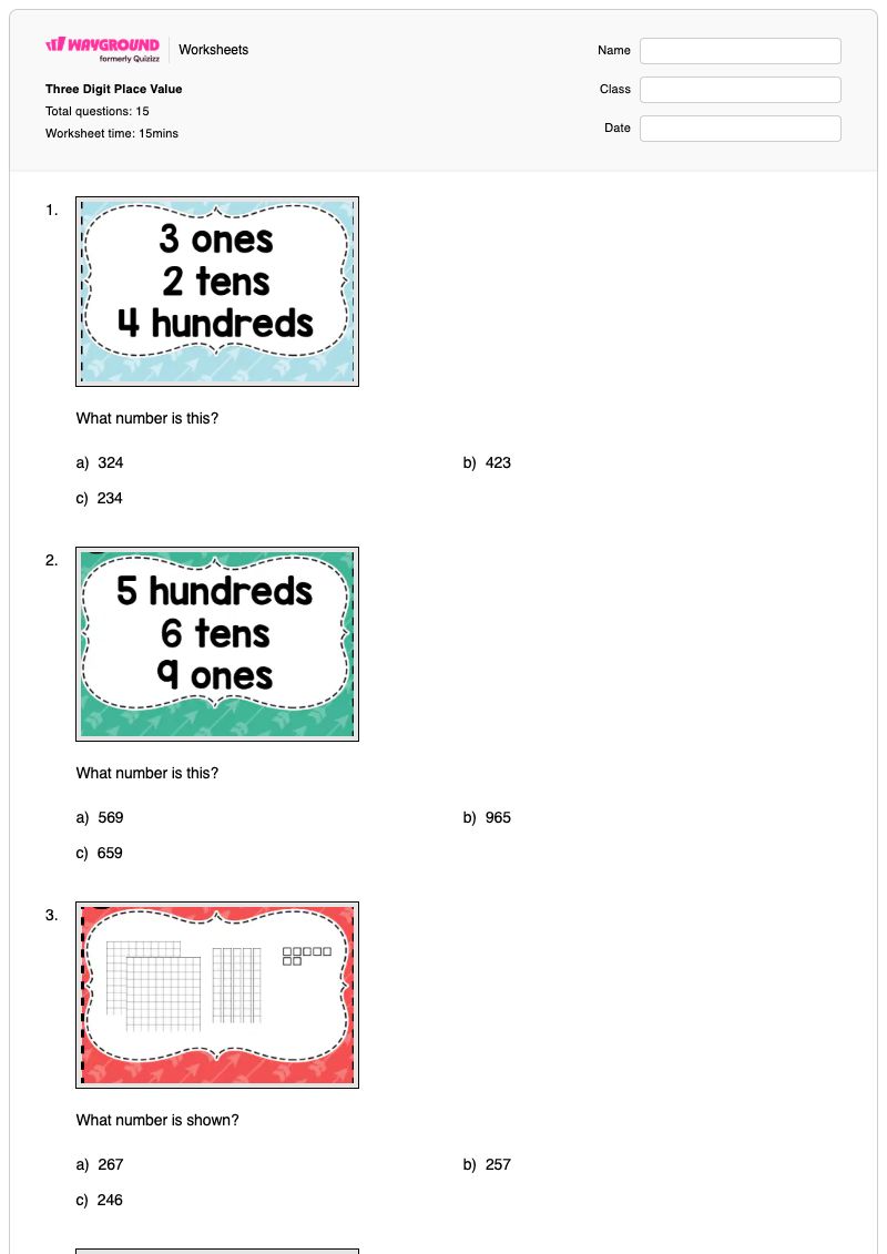 Three Digit Place Value - Printable Value-of-digits Worksheets - Wayground