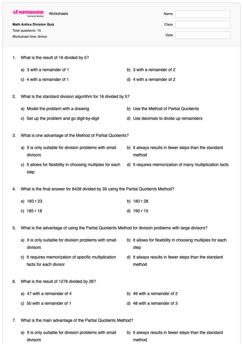 Math Antics Division Quiz - พิมพ์ได้ Partial-quotients เวิร์กชีท - Wayground