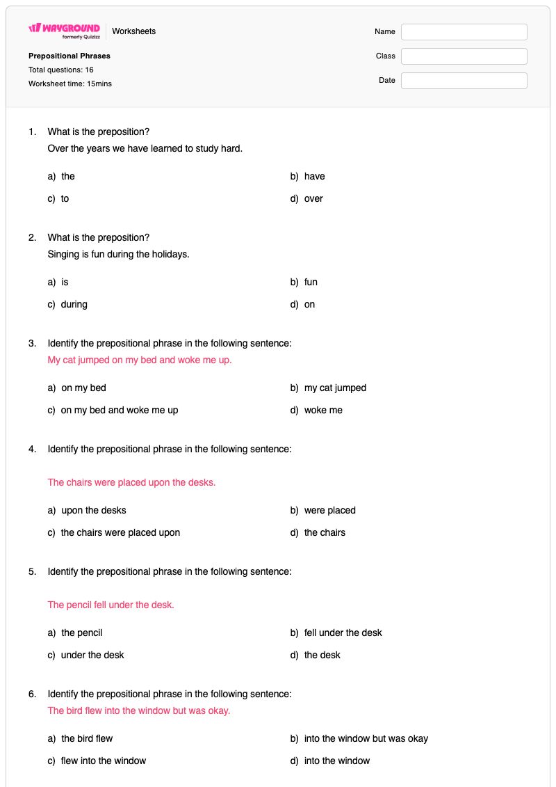 Prepositional Phrases - พิมพ์ได้ วลีบุพบท เวิร์กชีท โรงเรียนอนุบาล - Wayground