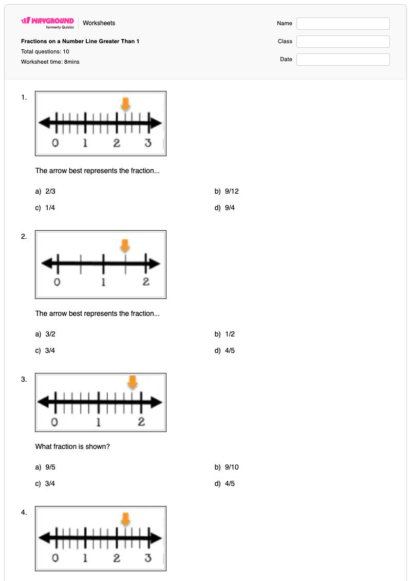 Fractions on a Number Line Greater Than 1 - Printable Fractions-on-a-number-line Worksheets - Wayground