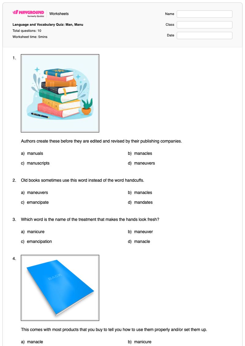 Language and Vocabulary Quiz: Man, Manu - Printable Language-and-vocabulary Worksheets Kindergarten - Wayground