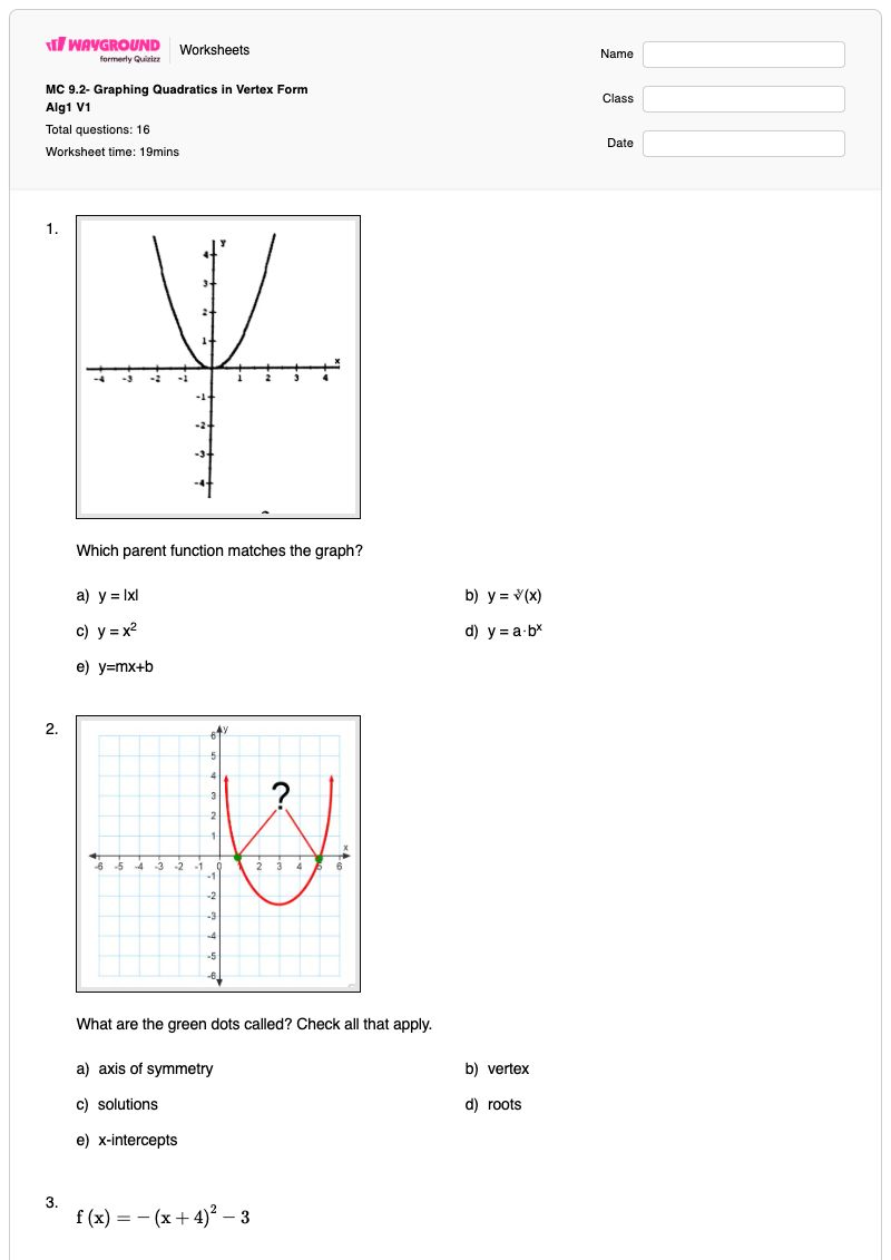 MC 9.2- Graphing Quadratics in Vertex Form Alg1 V1 - พิมพ์ได้ Vertex-form เวิร์กชีท - Wayground