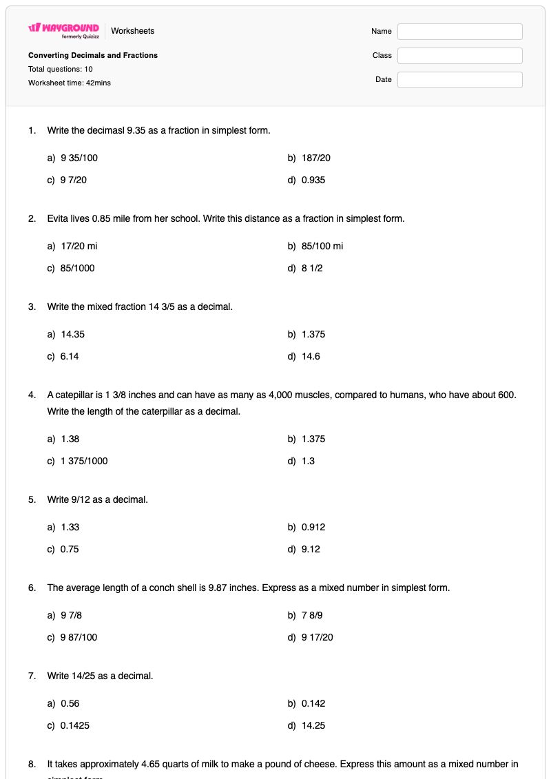 Converting Decimals and Fractions - Printable Converting-decimals-and-fractions Worksheets Class 6 - Wayground