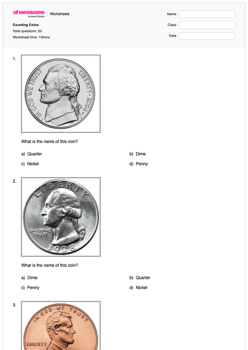 Counting Coins - Printable Counting-to-30 Worksheets Kindergarten - Wayground
