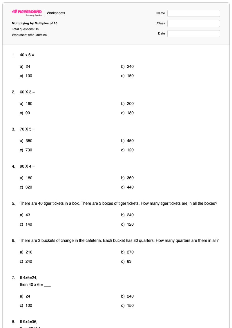 Multiplying by Multiples of 10 - Printable Multiples-of-10 Worksheets - Wayground
