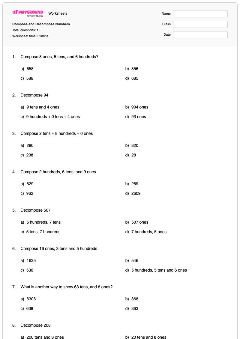 Compose and Decompose Numbers - พิมพ์ได้ การแยกส่วนตัวเลข เวิร์กชีท ระดับ 2 - Wayground