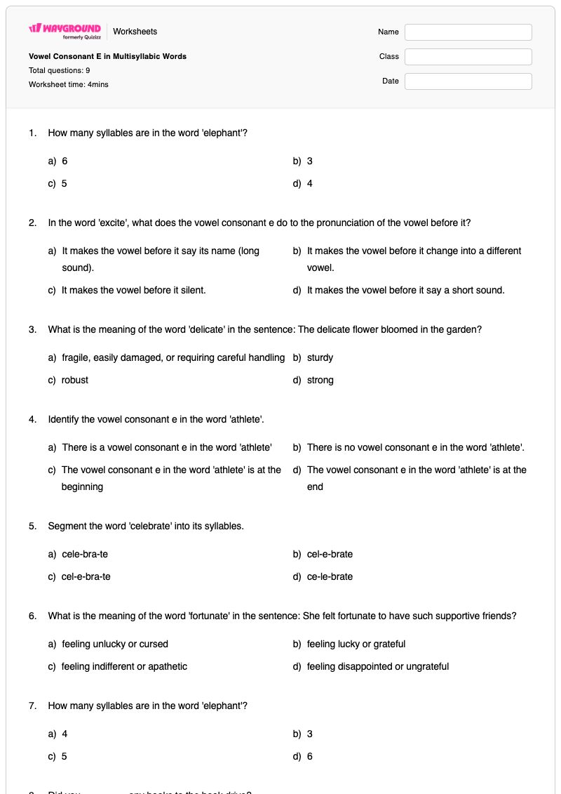 Vowel Consonant E in Multisyllabic Words - Printable Vowel-consonant-e Worksheets Kindergarten - Wayground
