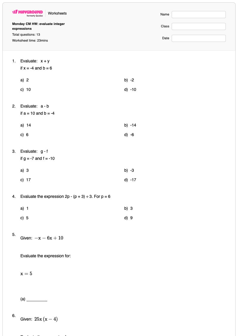 Monday CM HW: evaluate integer expressions - พิมพ์ได้ การประเมินนิพจน์ เวิร์กชีท - Wayground