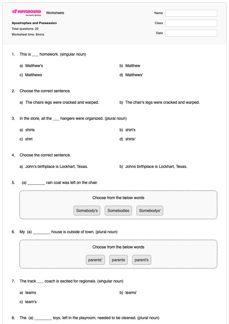 Apostrophes and Possession - Printable Plural-and-possessive-forms Worksheets Kindergarten - Wayground