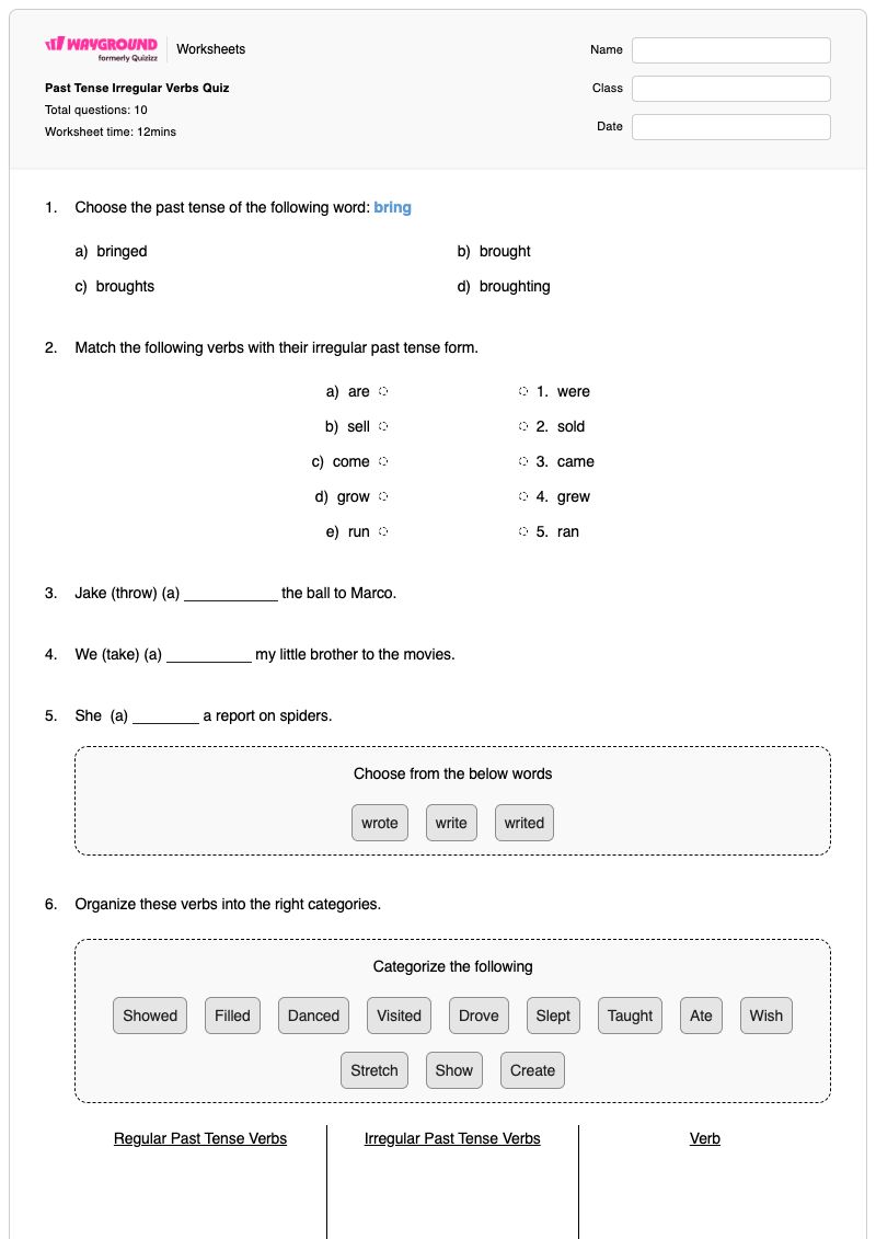 Past Tense Irregular Verbs Quiz - Printable Verb-conjugation Worksheets Year 5 - Wayground