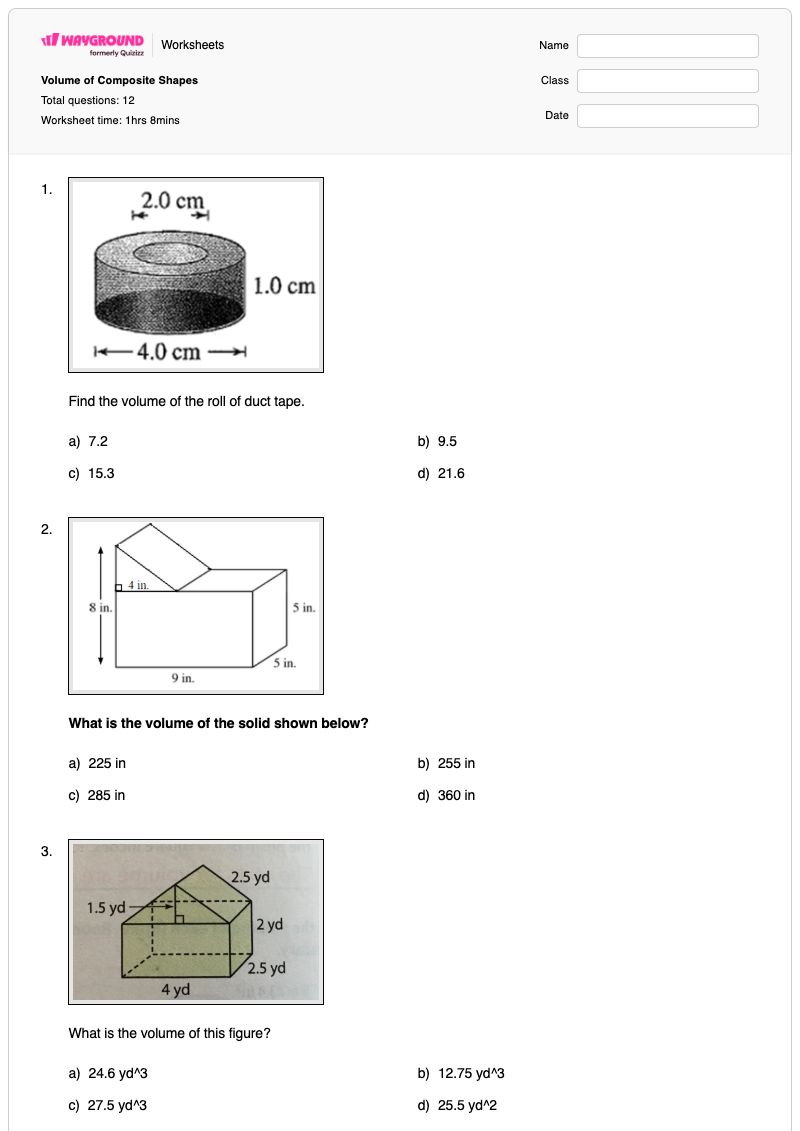 Volume of Composite Shapes - Printable Volume-and-surface-area Worksheets - Wayground