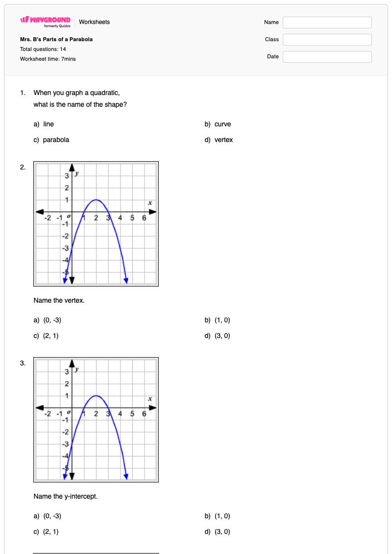 Mrs. B's Parts of a Parabola - Printable Characteristics-of-parabolas Worksheets Class 10 - Wayground