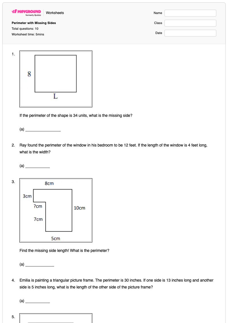 Perimeter with Missing Sides - Printable Perimeter Worksheets - Wayground