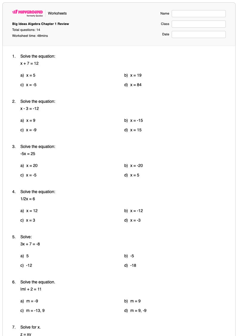 Big Ideas Algebra Chapter 1 Review - พิมพ์ได้ Linear-programming เวิร์กชีท - Wayground