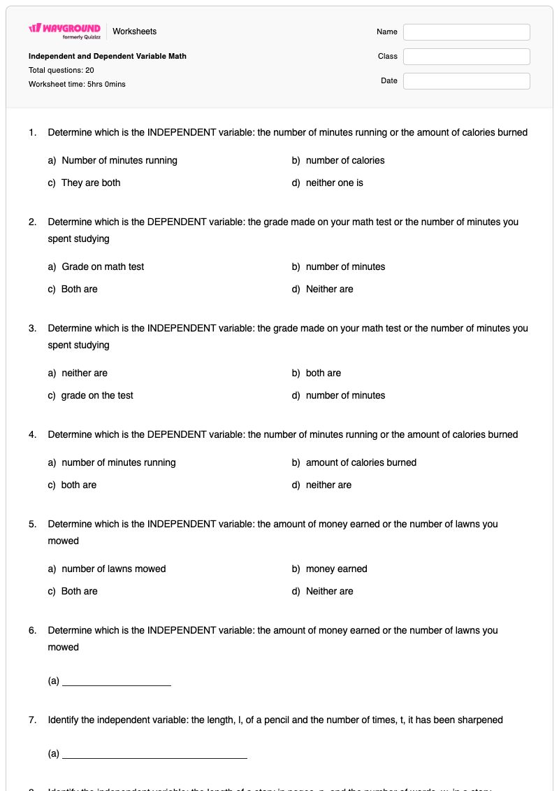 Independent and Dependent Variable Math - พิมพ์ได้ Identifying-variables เวิร์กชีท - Wayground