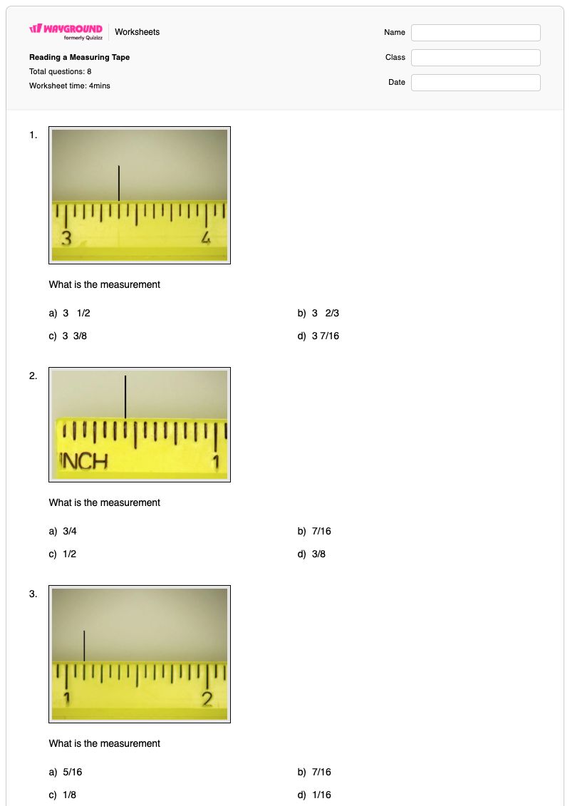 Reading a Measuring Tape - Printable Reading-a-tape-measure Worksheets - Wayground