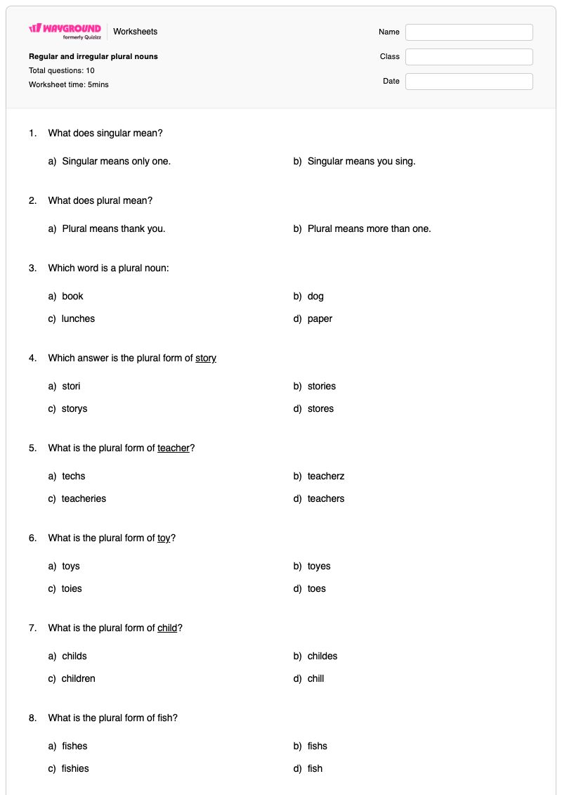 Regular and irregular plural nouns - Printable Plural-nouns Worksheets Grade 4 - Wayground