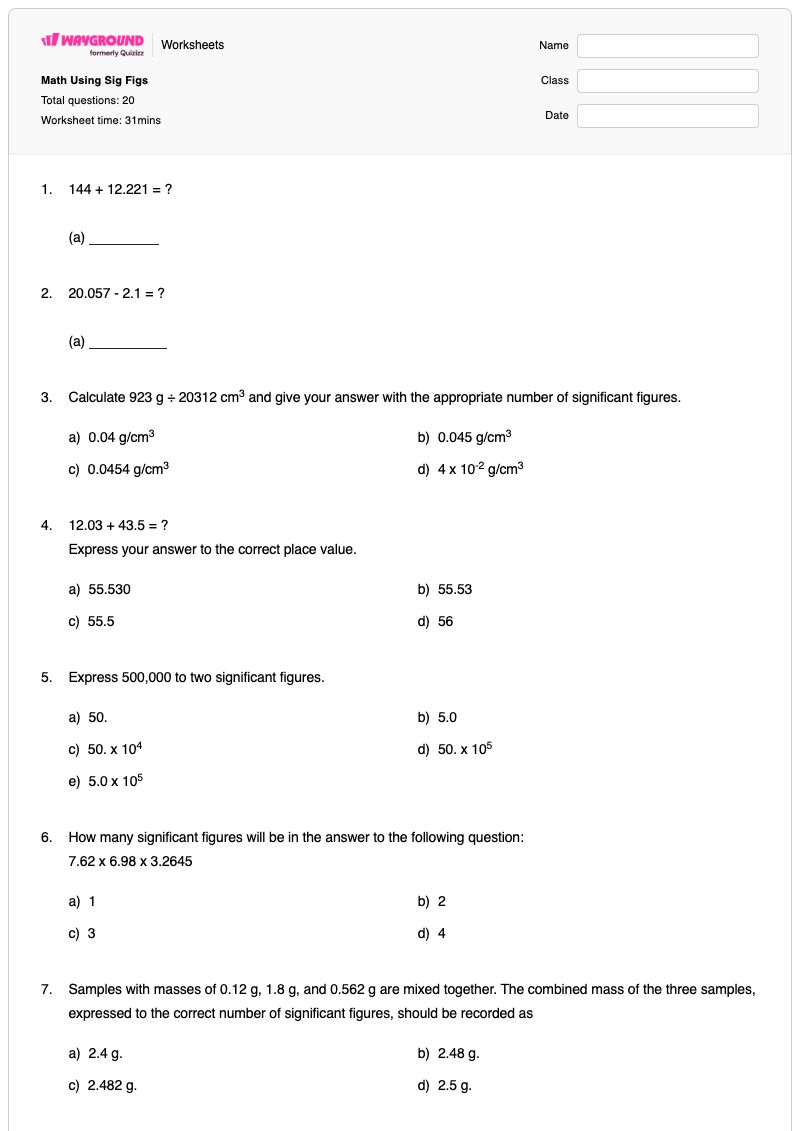 Math Using Sig Figs - Printable Mixed-operations Worksheets - Wayground