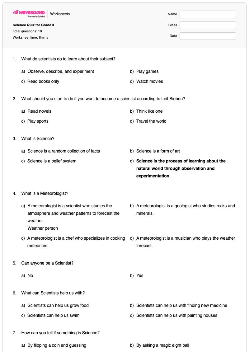 Science Quiz for Grade 3 - พิมพ์ได้ Scientific-inquiry เวิร์กชีท ระดับ 3 - Wayground