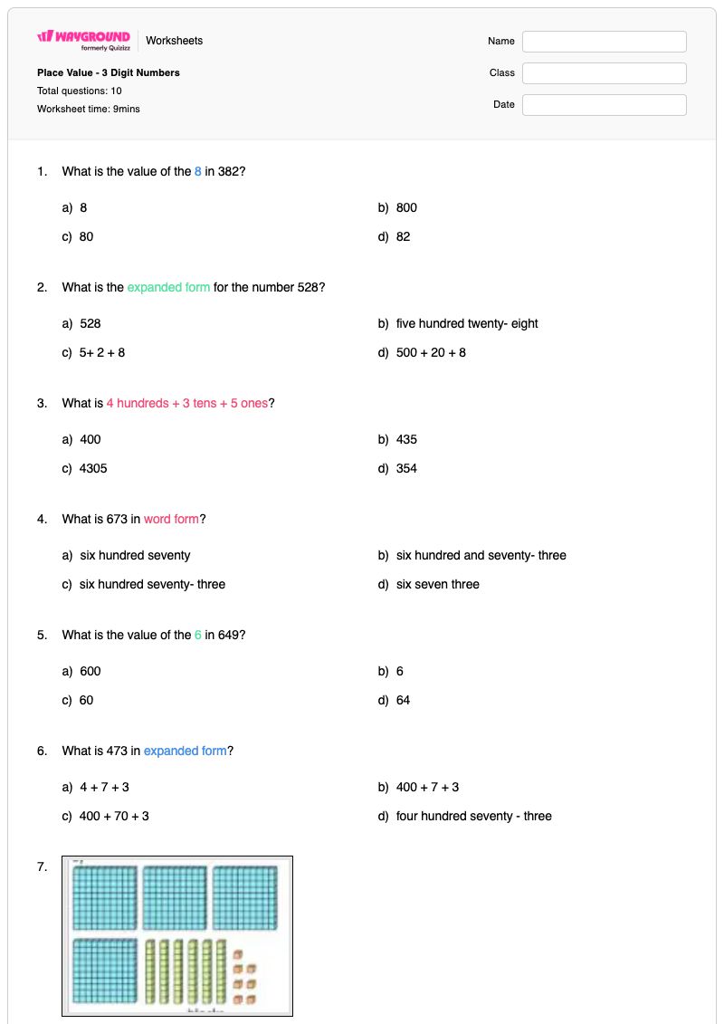 Place Value - 3 Digit Numbers - Printable Value-of-digits Worksheets - Wayground