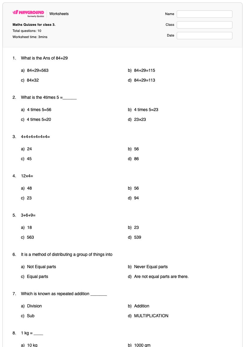 Maths Quizzes for class 3. - Printable Class 3 Worksheets - Wayground