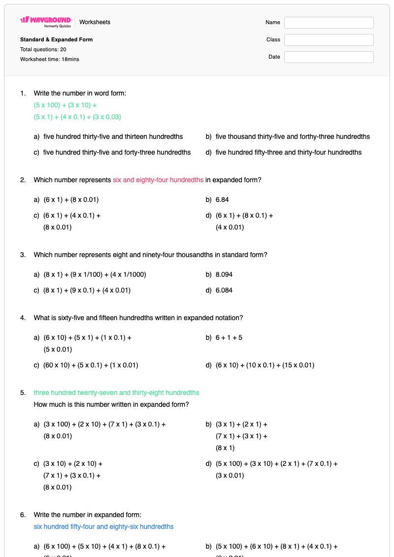 Standard & Expanded Form - พิมพ์ได้ รูปแบบคำ เวิร์กชีท - Wayground