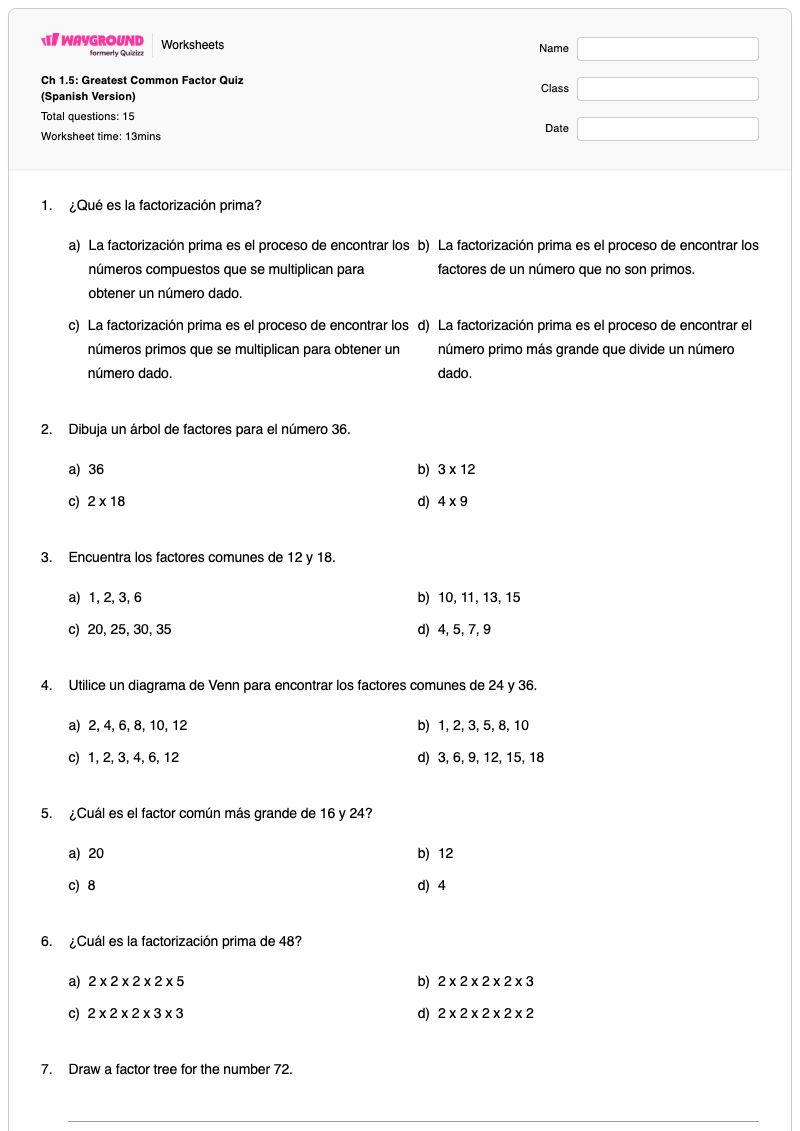 Ch 1.5: Greatest Common Factor Quiz  (Spanish Version)  - Printable Greatest-common-divisor Worksheets Grade 6 - Wayground