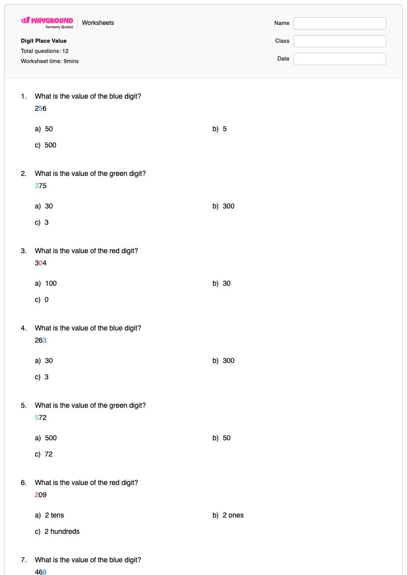 Digit Place Value - Printable Value-of-digits Worksheets - Wayground