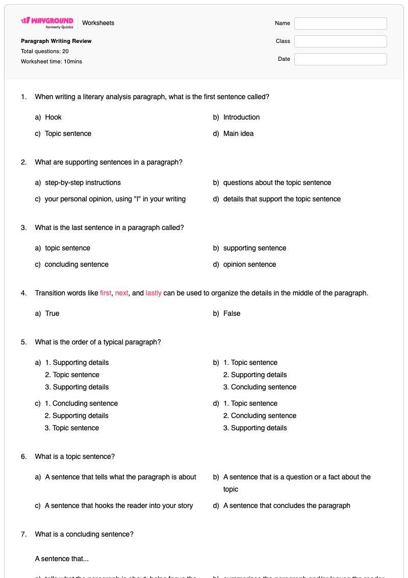 Paragraph Writing Review - Printable Genre-writing Worksheets Grade 7 - Wayground