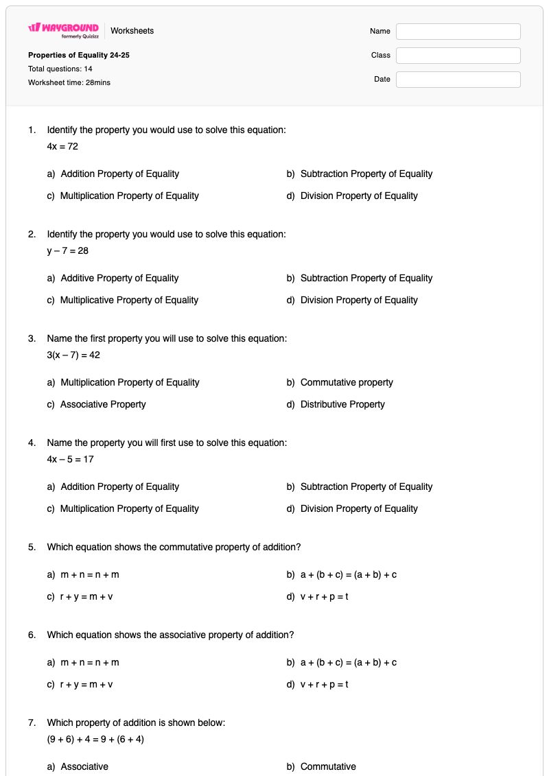 Properties of Equality 24-25 - Printable Properties-of-equality Worksheets Class 9 - Wayground