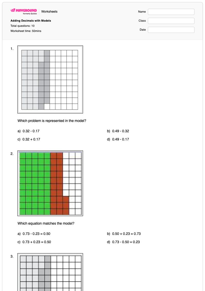 Adding Decimals with Models - พิมพ์ได้ Decimal-models เวิร์กชีท - Wayground