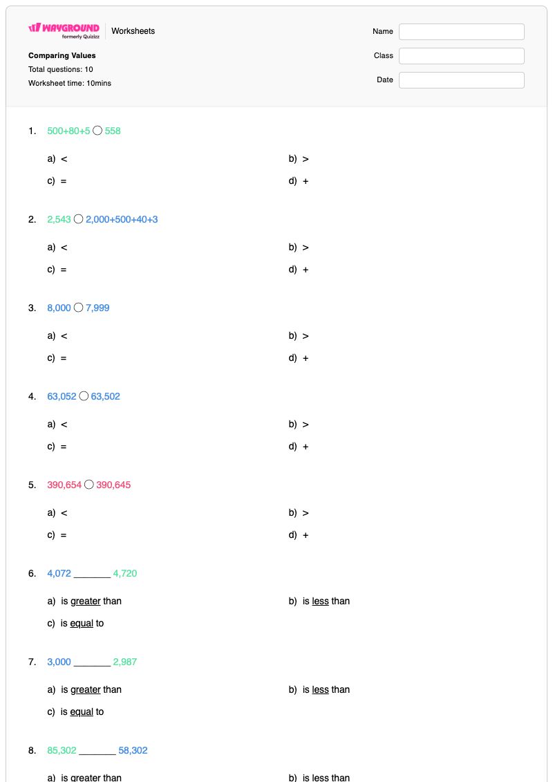 Comparing Values - Printable Number-comparison-more-and-less Worksheets Class 3 - Wayground