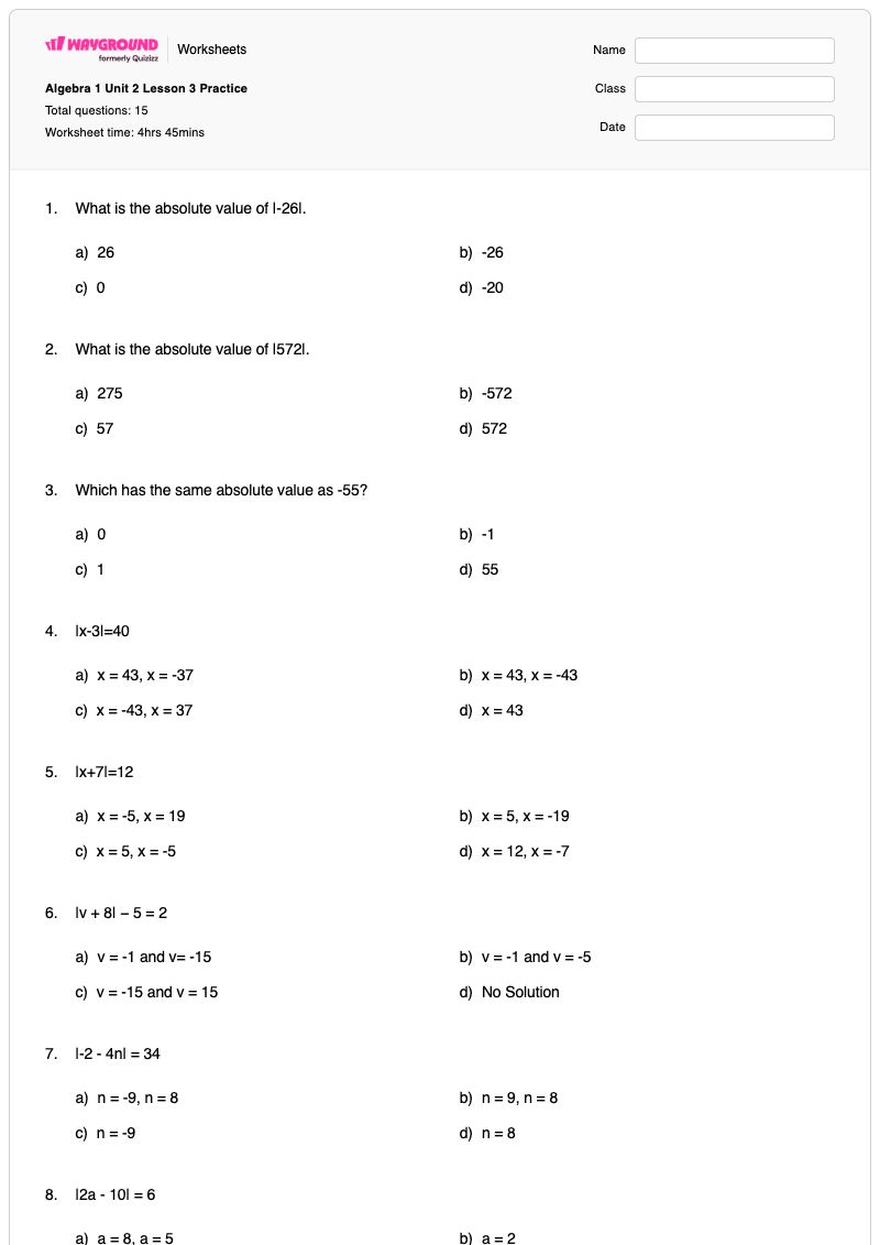Algebra 1 Unit 2 Lesson 3 Practice - Printable Absolute-value-equations-functions-and-inequalities Worksheets Class 10 - Wayground