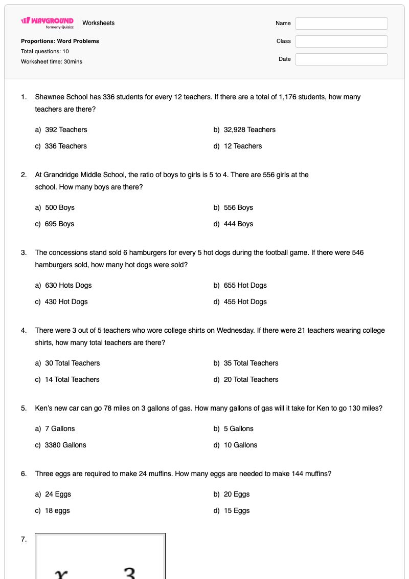 Proportions: Word Problems - พิมพ์ได้ โจทย์ปัญหาเกี่ยวกับสัดส่วน เวิร์กชีท - Wayground