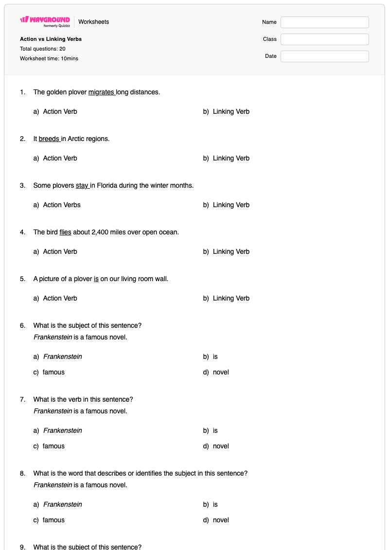 Action vs Linking Verbs - พิมพ์ได้ คำกริยาแสดงการกระทำ เวิร์กชีท - Wayground