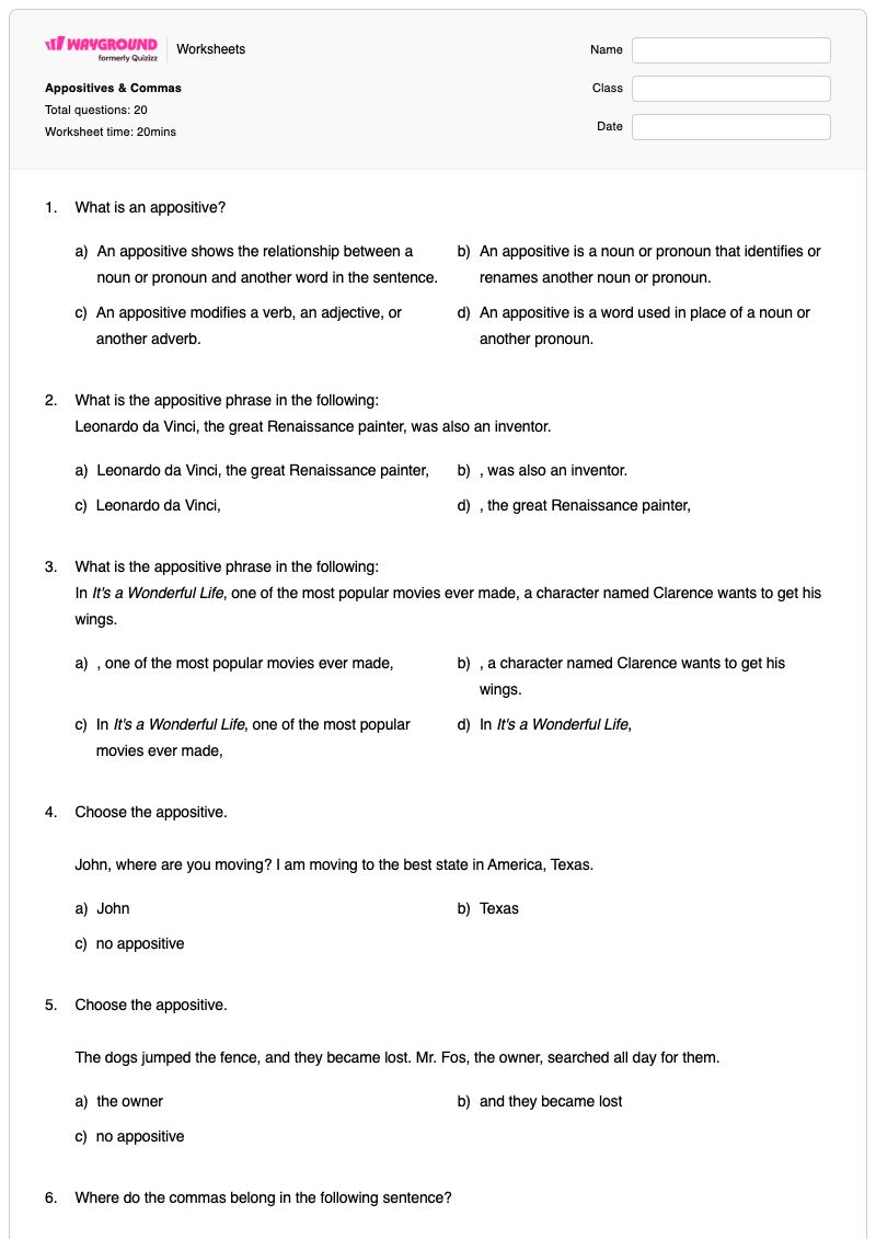 Appositives & Commas - Imprimible Apositivos Hojas-de-trabajo Grado 10 - Wayground