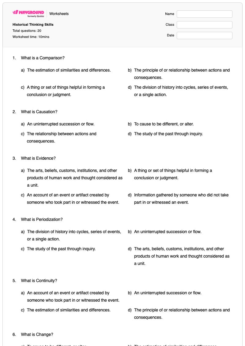 Historical Thinking Skills - พิมพ์ได้ การคิดเชิงประวัติศาสตร์ เวิร์กชีท ระดับ 6 - Wayground