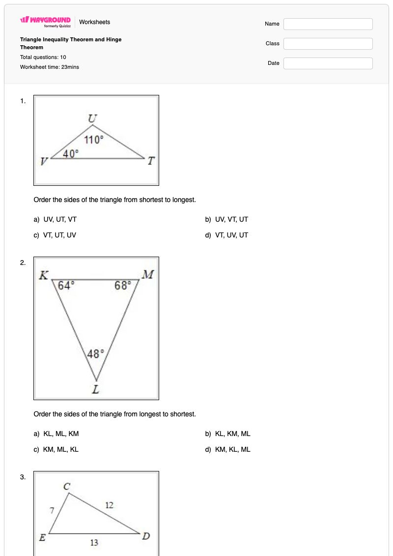 Triangle Inequality Theorem and Hinge Theorem - พิมพ์ได้ ทฤษฎีบทอสมการสามเหลี่ยม เวิร์กชีท - Wayground