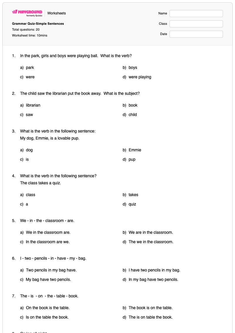 Grammar Quiz-Simple Sentences - พิมพ์ได้ ประโยคเรียบง่าย เวิร์กชีท ระดับ 5 - Wayground