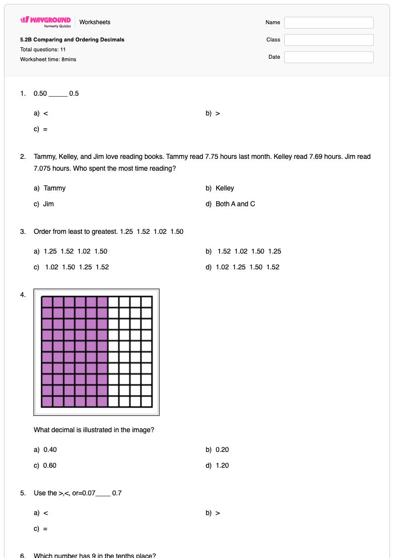 5.2B Comparing and Ordering Decimals - พิมพ์ได้ การเรียงลำดับทศนิยม เวิร์กชีท - Wayground
