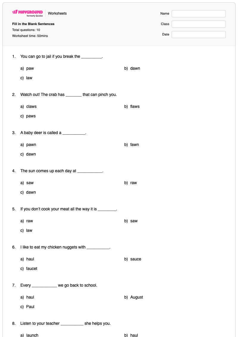 Fill in the Blank Sentences - พิมพ์ได้ Sentence-completion เวิร์กชีท ระดับ 1 - Wayground