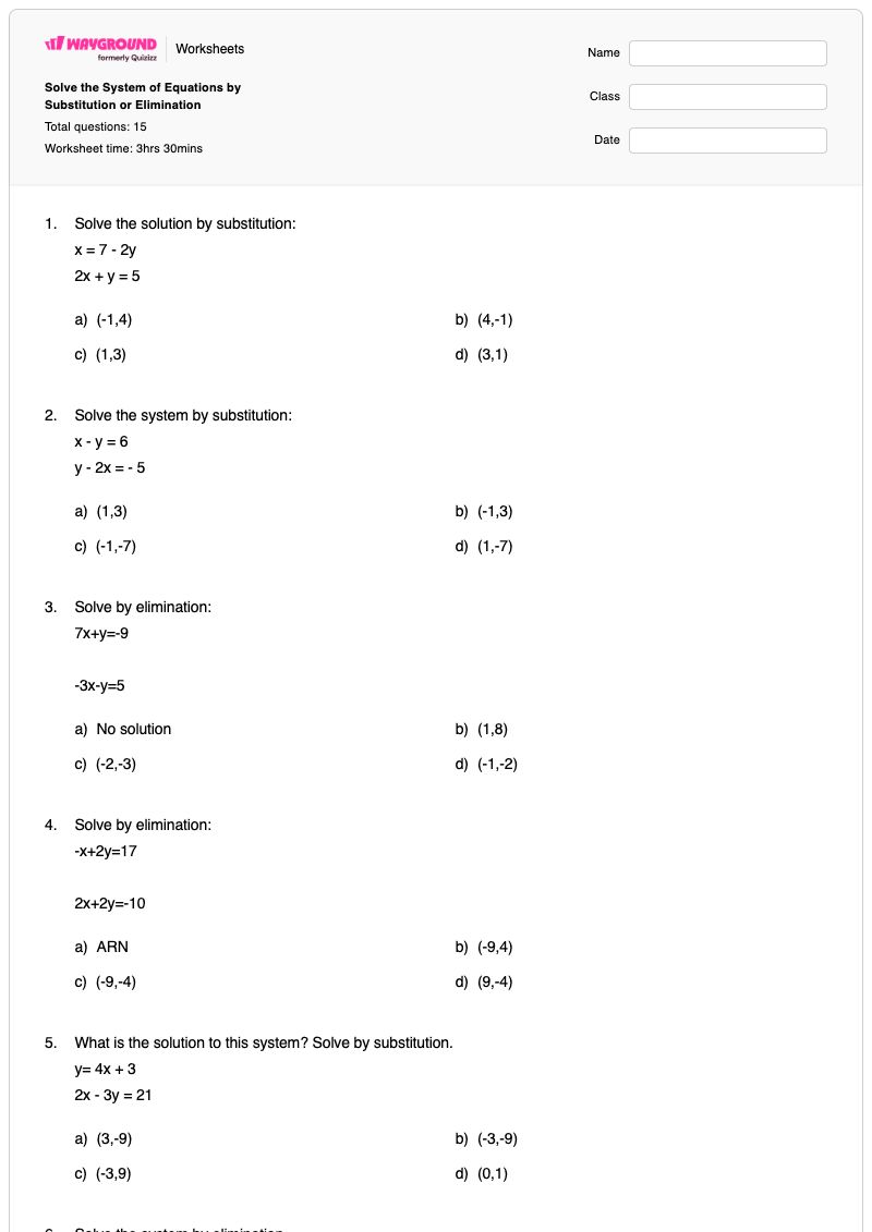 Solve the System of Equations by Substitution or Elimination - Printable Systems-of-equations Worksheets - Wayground