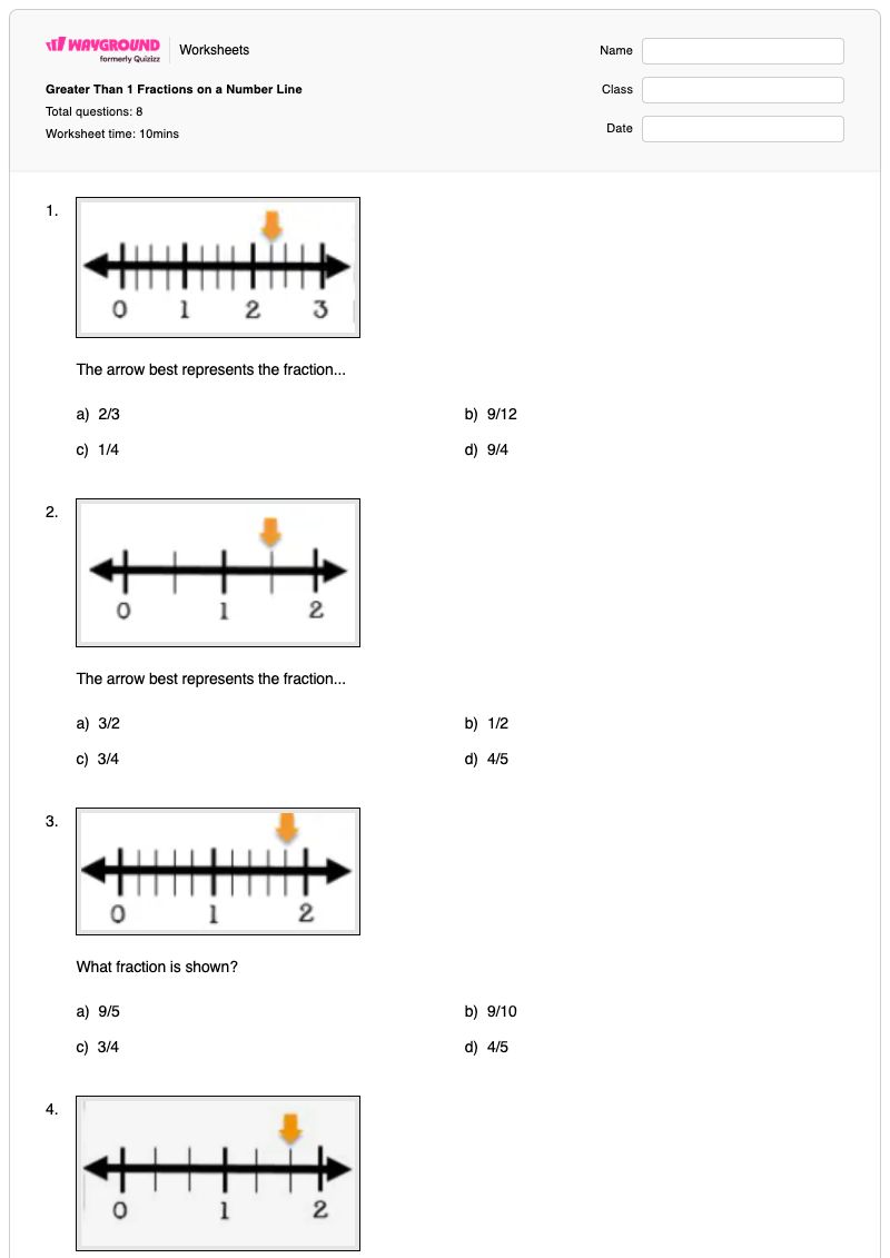 Greater Than 1 Fractions on a Number Line - Printable Fractions-on-a-number-line Worksheets - Wayground