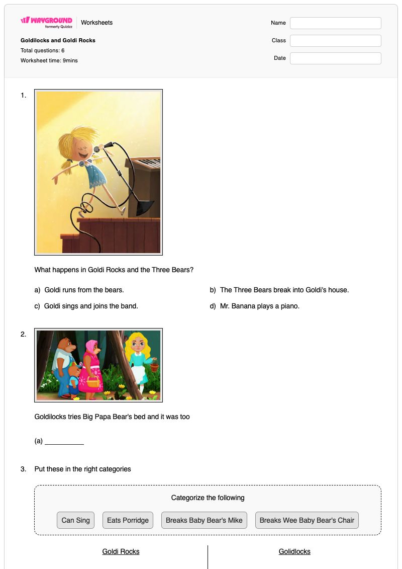 Goldilocks and Goldi Rocks - Printable Analyzing-story-structure Worksheets Year 1 - Wayground