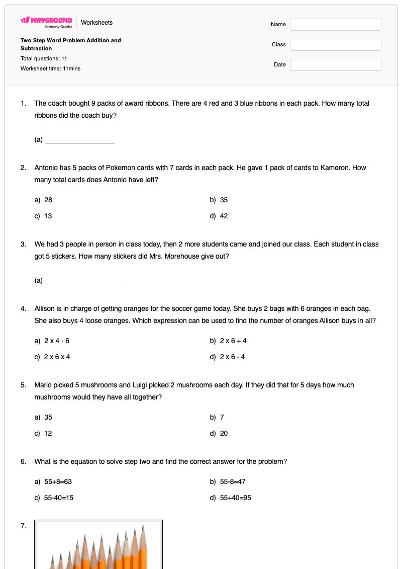 Two Step Word Problem Addition and Subtraction - พิมพ์ได้ โจทย์ปัญหาเกี่ยวกับการลบ เวิร์กชีท - Wayground