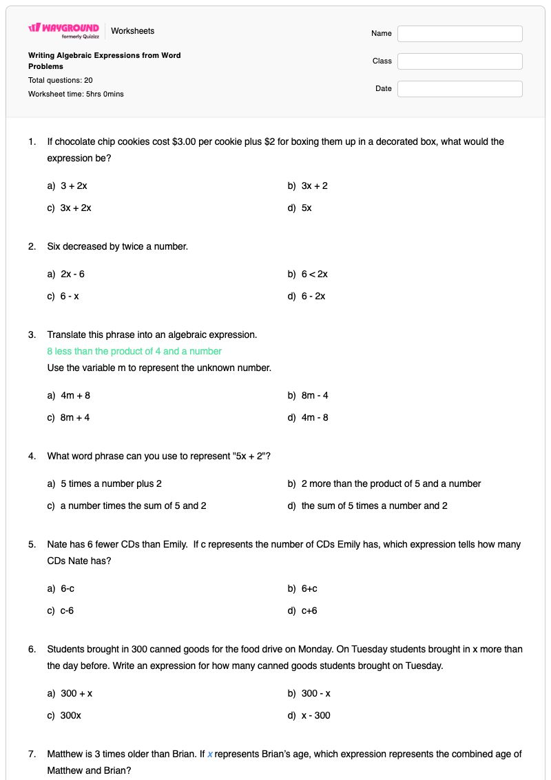 Writing Algebraic Expressions from Word Problems - พิมพ์ได้ การแปลงประโยคเป็นสมการ เวิร์กชีท - Wayground