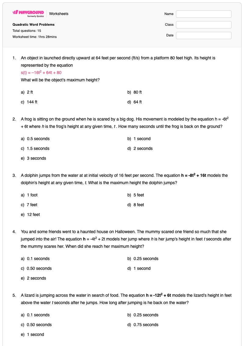Quadratic Word Problems - Printable Quadratic Worksheets - Wayground