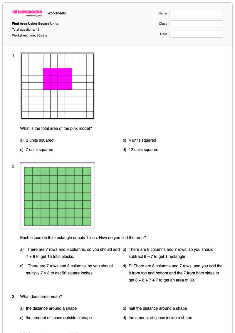 Find Area Using Square Units  - Printable Area-of-a-rectangle Worksheets - Wayground
