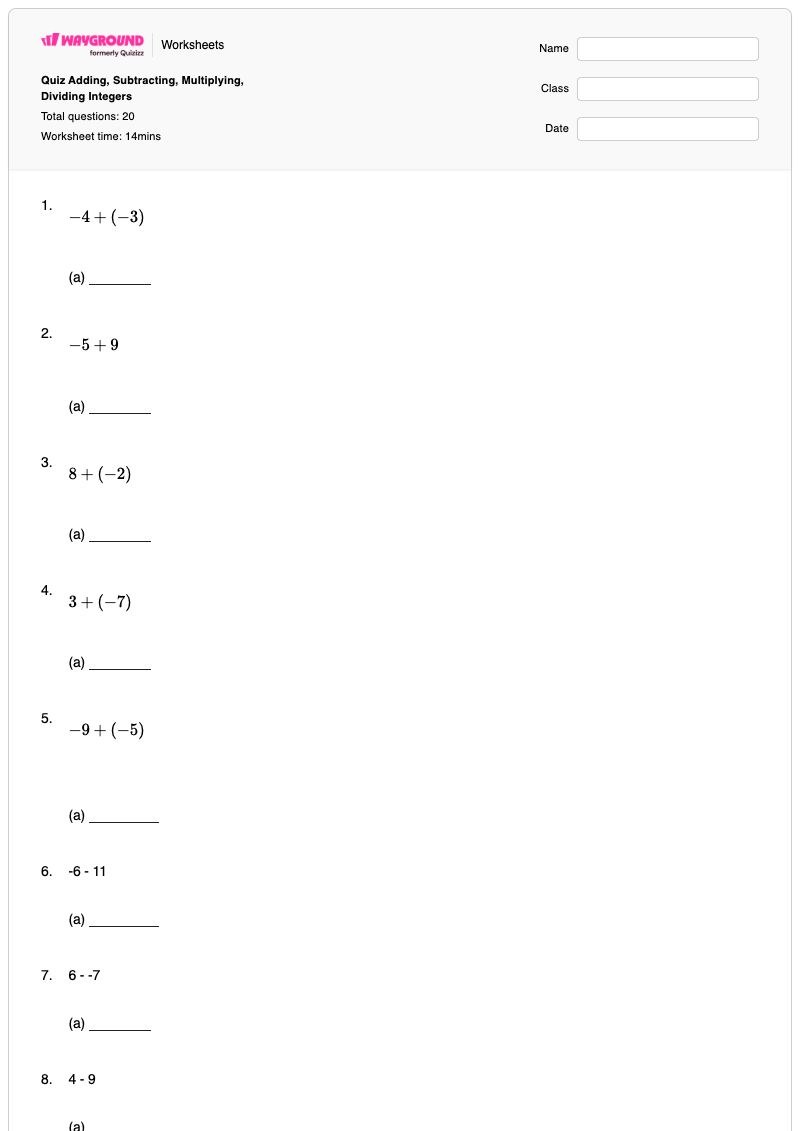 Quiz Adding, Subtracting, Multiplying, Dividing Integers - พิมพ์ได้ Integer-story-problems เวิร์กชีท ระดับ 9 - Wayground