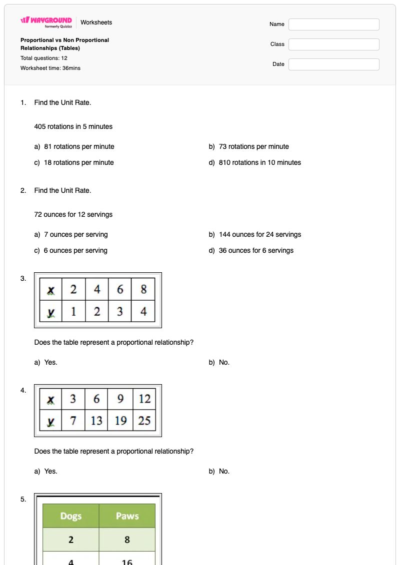 Proportional vs Non Proportional Relationships (Tables) - Printable Proportional-relationships Worksheets - Wayground